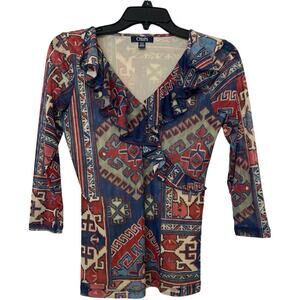 Chaps Y2K Sheer Mesh Ruffle Aztec Print Fitted V Neck Top Small Southwestern